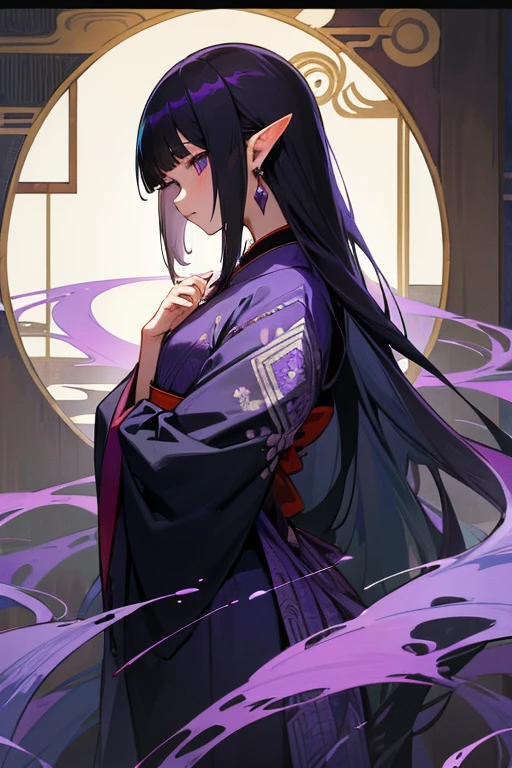 Elven sister。Black Bob、Only the hair on the back of the neck is long。She is wearing a beautiful, ornately patterned dress made from Japanese kimono fabric.。The long, narrow eyes are purple.。Alluring