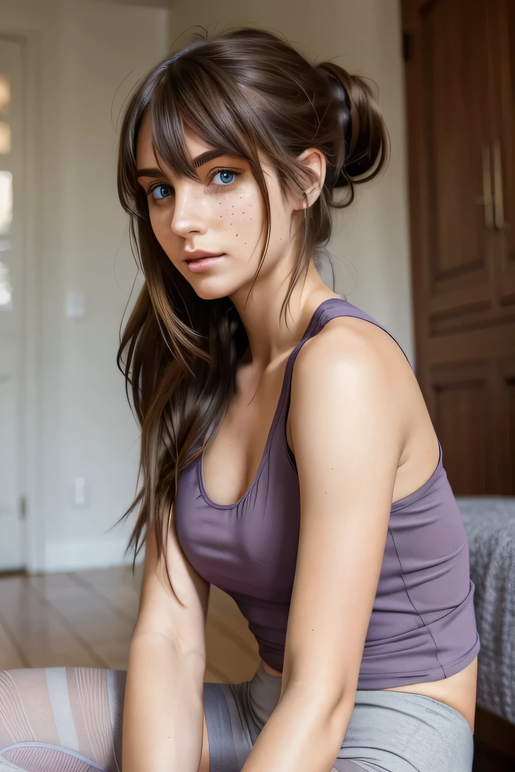 A gorgeous 23-year-old French and Polish woman with freckles, Bohemian wavy long hair with bangs, and crystal light grey eyes. She has high cheekbones, full lips, expressive eyebrows, and a dragon tattoo sleeve. She wears a tank top and leggings, slender with broad shoulders. Her hair is in a ponytail, and she is sitting on the floor with a determined expression