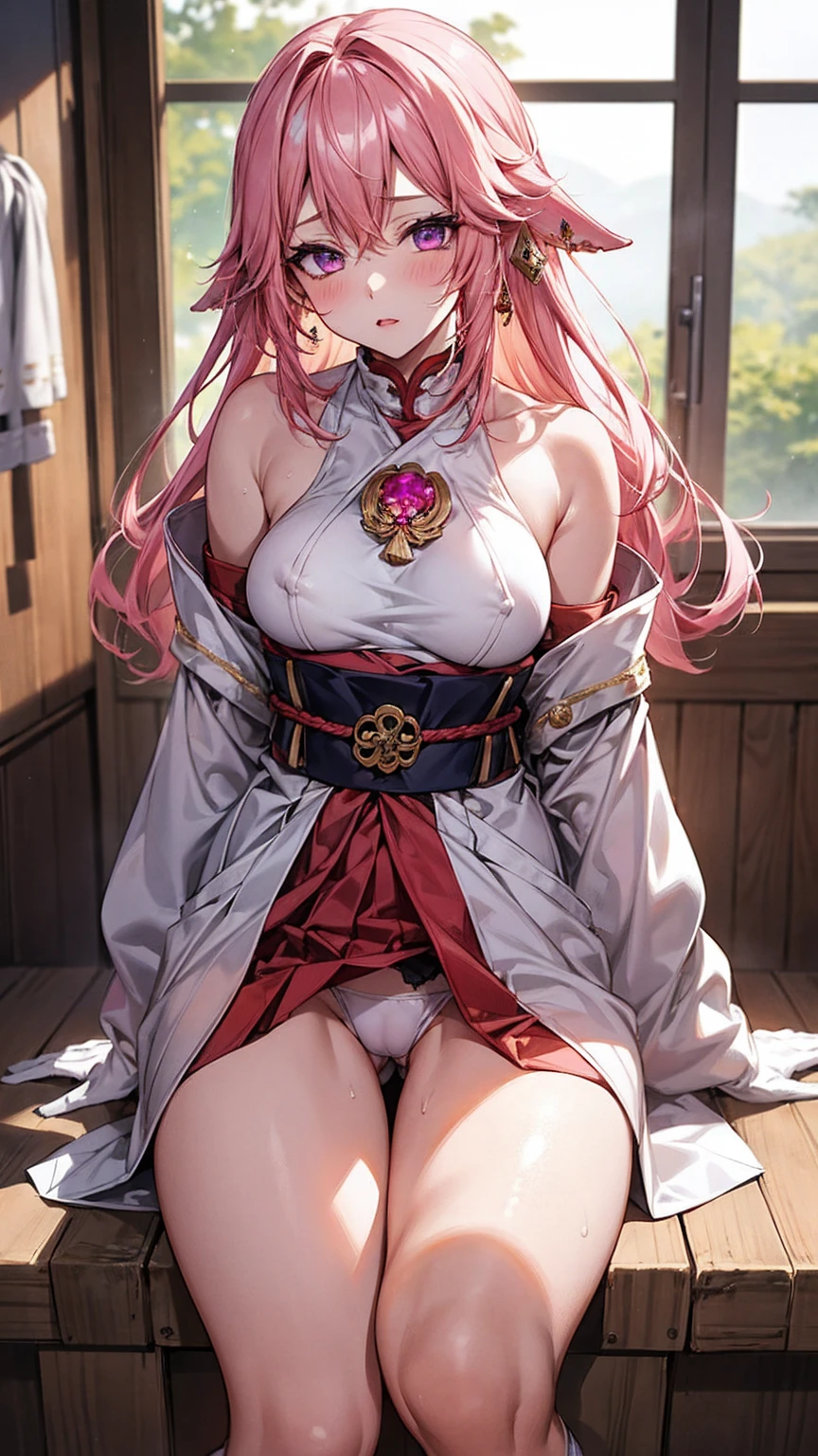 One Girl， （Urzan-6500：0.7）， K-POPアイドル， yae miko， ， Exposed bare shoulders， Pink Hair， Long white hair， Japanese Clothing， The best quality in the best condition， （da pintura：1.5）， （hair ornaments：1.35）， gem， Purple eyes， 耳Nipple Ring， ， Written boundary depth， Detailed face， Face Focus， ribbon_trim， （View your audience：1.25）， Non-traditional Shrine Maiden， Shiny skin， Long sleeve， Thick lips， Game CG， （Blur the background：1.2）， ， ，  whole body、Put your head on the urinal，Yogurt all over、whole bodyが濡れている、One Girll, , Obscene, Pee, Urine，garbage,masterpiece, Highest quality, Very detailed,Knee-high socks、Long white elbow gloves、Long socks、Open your thighs wide to the left and right､crouch on the ground、Show the audience your crotch、Camel Toe:1.4、(Sweat)、(vapor）With legs apart、sexy、Bold、Sexy、Inviting