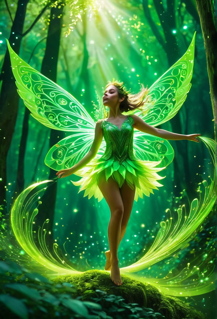 dramatic angle, green background, 
fantasy, intricate designs, playful patterns, unique design, backlighting, 
Fairy, fairy wings, 
floating flow, dancing, forest, fluorescent green, a lot of glowing particles, barefoot,shine color,shine color,BJ_Sacred_beast