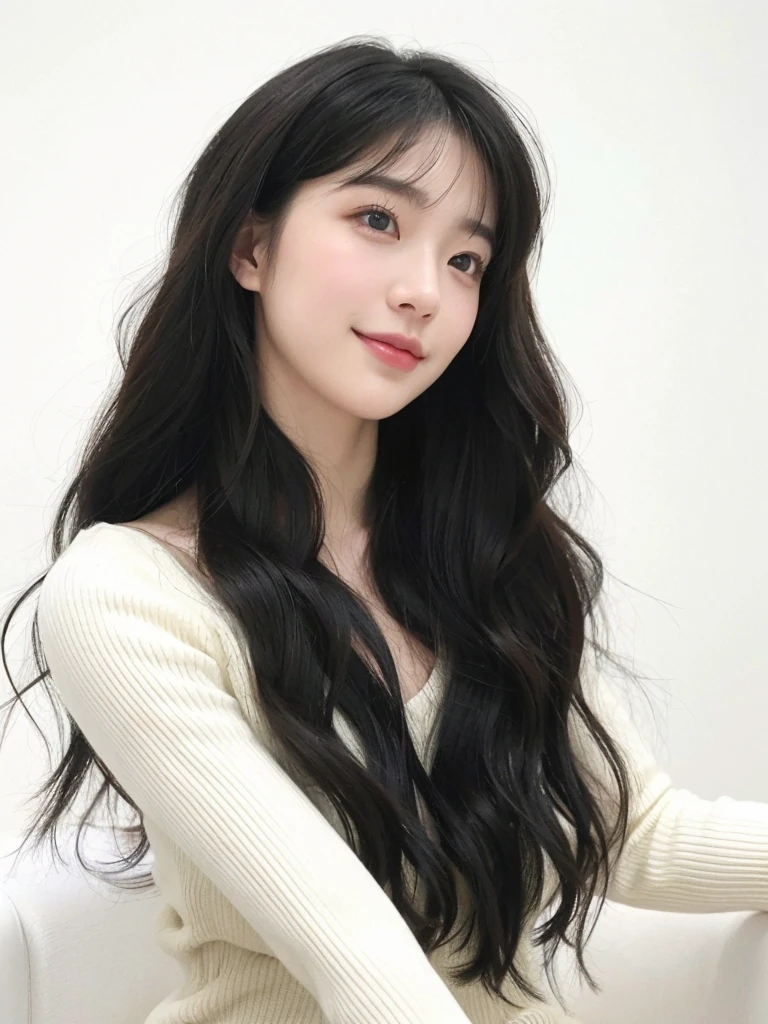 (original photography、Top quality)、(Realist、Realism:1.3)、masterpiece、Extremely refined、a very detailed、CG、Unite、8K、amazing、Details、Ultra Detailed、High resolution、absurd、Soft Light、（A black-haired one、Medium Length Hair、Bangs）、Detail of beautiful girl、Detailed fingers、Extremely detailed eyes and face、Beautiful and delicate nose、Beautiful and delicate eyes、（Glow on the face）、Looking at the audience、（close）Mouth:1.2)、1 girl、Kawaii、young、adult face、White skin、(Half body:1.3、seat)、(Mid-chest)、Lifelike face、Realistic body、Beautiful thighs、(ulzzang-6500-v1.1: 0.6)、Black shirt、Parka、(Half-smile:1.3)