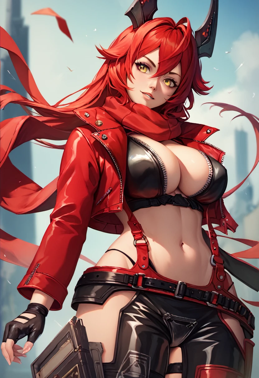 strong woman, Red hair, lava marks, Red hair with black lines, Red eyes, Tender smile, Werewolf, lycanthrope, hellish scenario, pink crop top blouse, black jacket, curves, white jeans, black boots