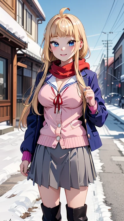 (masterpiece, best quality), 1girl, minami, blue eyes, eyelashes, blonde hair, blunt bangs, ahoge, long hair, sidelocks, jewelry, blue blazer, jacket, long sleeves, open clothes, pink cardigan, red ribbon, grey skirt, pleated skirt, red scarf, winter boots, fur-trimmed boots, brown footwear