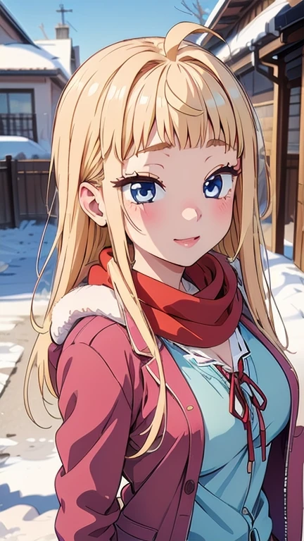 (masterpiece, best quality), 1girl, minami, blue eyes, eyelashes, blonde hair, blunt bangs, ahoge, long hair, sidelocks, jewelry, blue blazer, jacket, long sleeves, open clothes, pink cardigan, red ribbon, grey skirt, pleated skirt, red scarf, winter boots, fur-trimmed boots, brown footwear