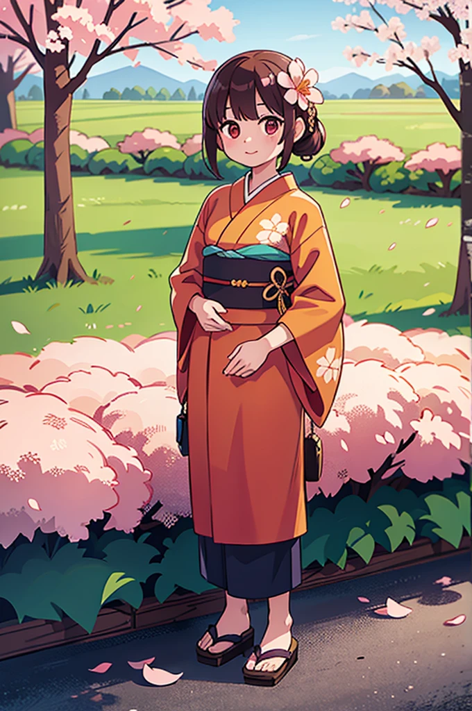 Standing in front of the photo、1 Girl,Half Body,kimono、Cherry blossoms,Sunlight,landscape,warmth