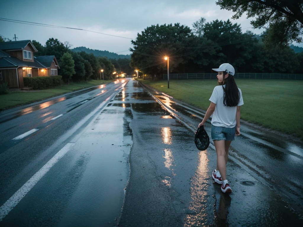 A girl，Put on a baseball cap，Rainy night，Walk on country roads，Surrounding houses，Back