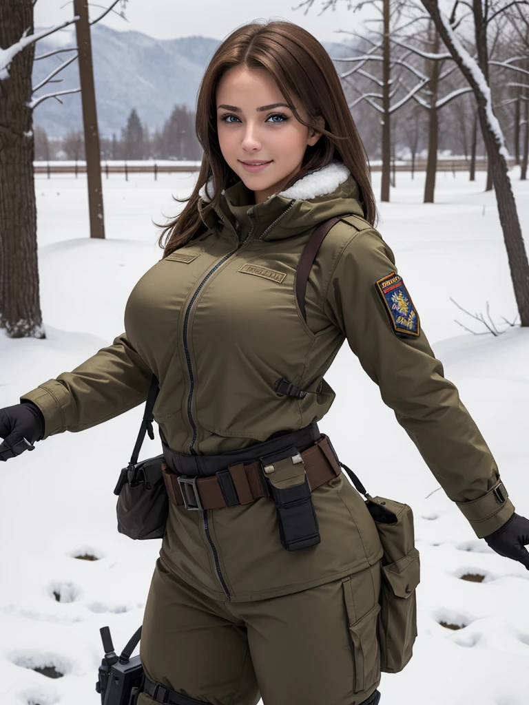 Score_9, Score_8_up, Score_7_up, 1 woman, Russian soldier, beautiful, brown hair, huge G-cup giant breasts, curvy body, uhd, military uniform, (cameltoe), with snow coat, tactical ballistic vest, realistic, beautiful face, beautiful eyes, with a macabre smile, highly detailed skin, covered in sweat, relaxed position, making an everything is fine gesture with his hands, snowy field