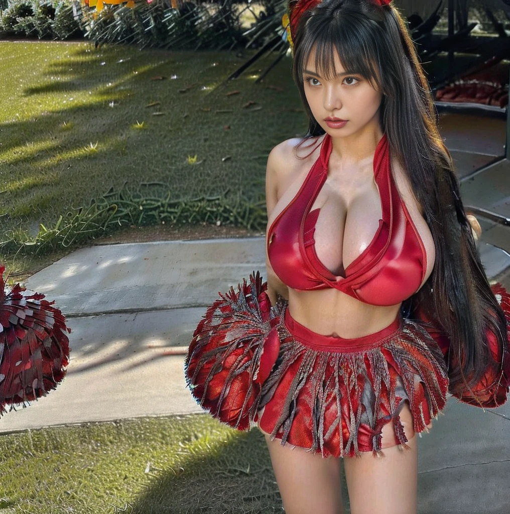 Highest quality，masterpiece，Ultra-high resolution, Very detailed, 8K，a 17 years old beautiful Japanese woman:1.5, blunt bangs, Small face, Breast Augmentation Surgery、　(A gorgeous red cheerleader costume:1.5), Stadium seating、　Very detailedな臭い脇の下、　height:175cm