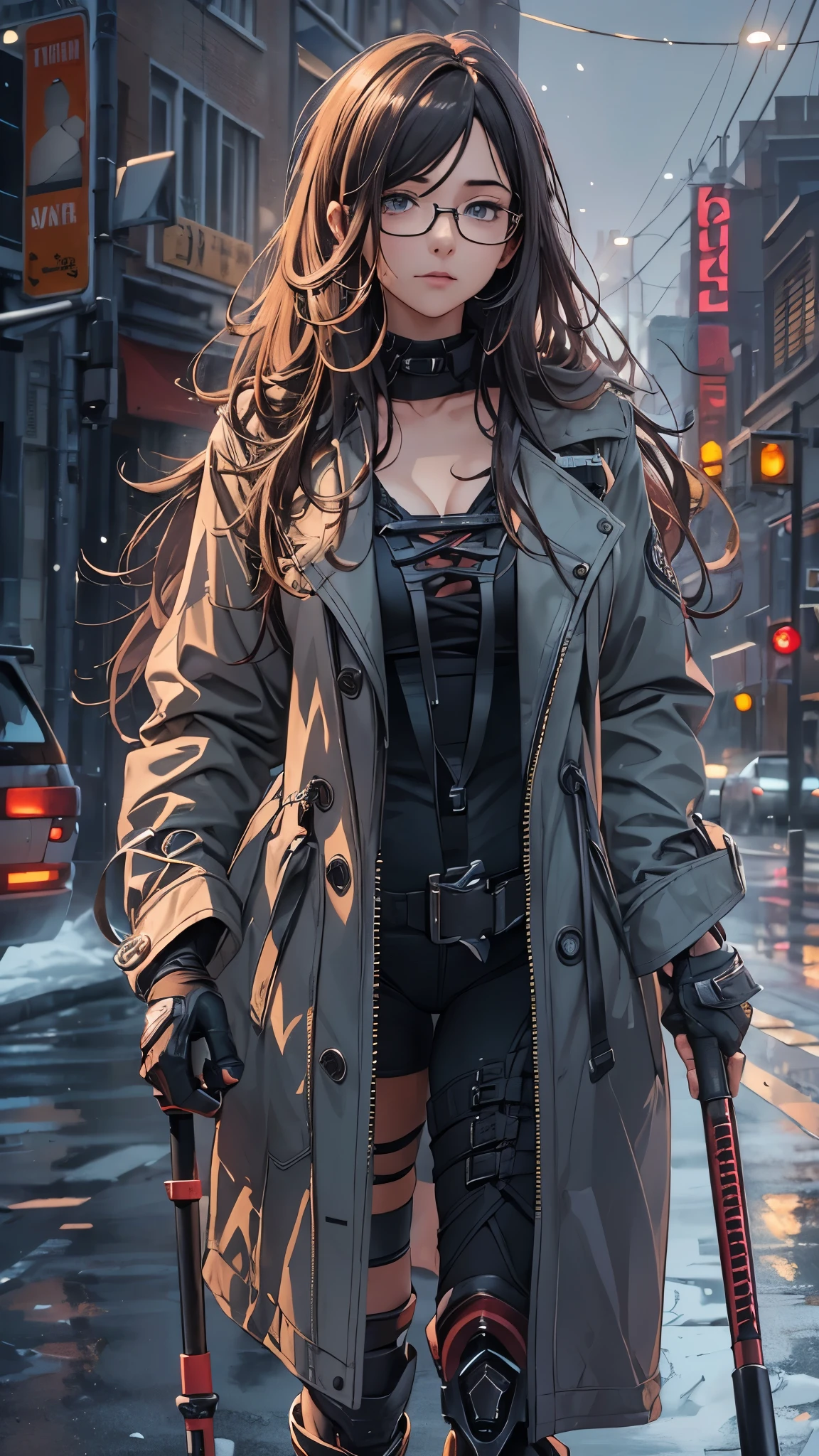 (Very detailed, Realistic), Cityscape, [moderately:Oil], [Professional:1.1], [Physically Based Rendering], [Bright colors], [Sharp focus], [Studio Lighting], [Extreme Detail], [Highest quality,4K,8K,High resolution,masterpiece:1.2],(Detailed face),Outside the street,((One 18-year-old woman)),(Glasses),(Black unkempt hair),(dark),(it hurts),(Scary),[Nervous eyes],(winter clothes ladies fashion,trench coat,tights),((lace-up-long-boots)),(gloves,Knee pads),((She walks with crutches,Crutch length from armpit,Crutches are at her side)),((Her feet are turned inwards)).