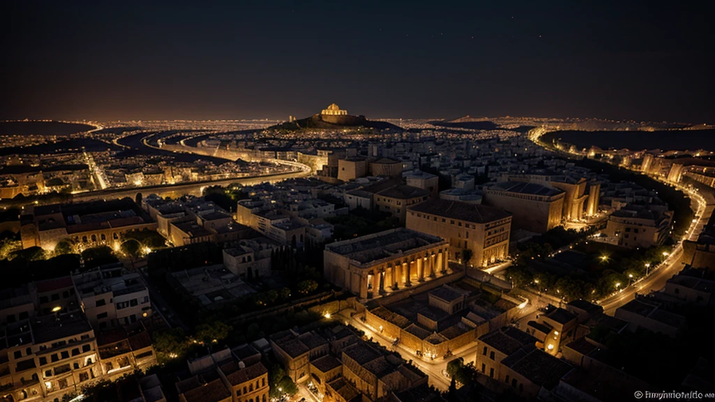 ancient athens at night illuminated with torches and with several people