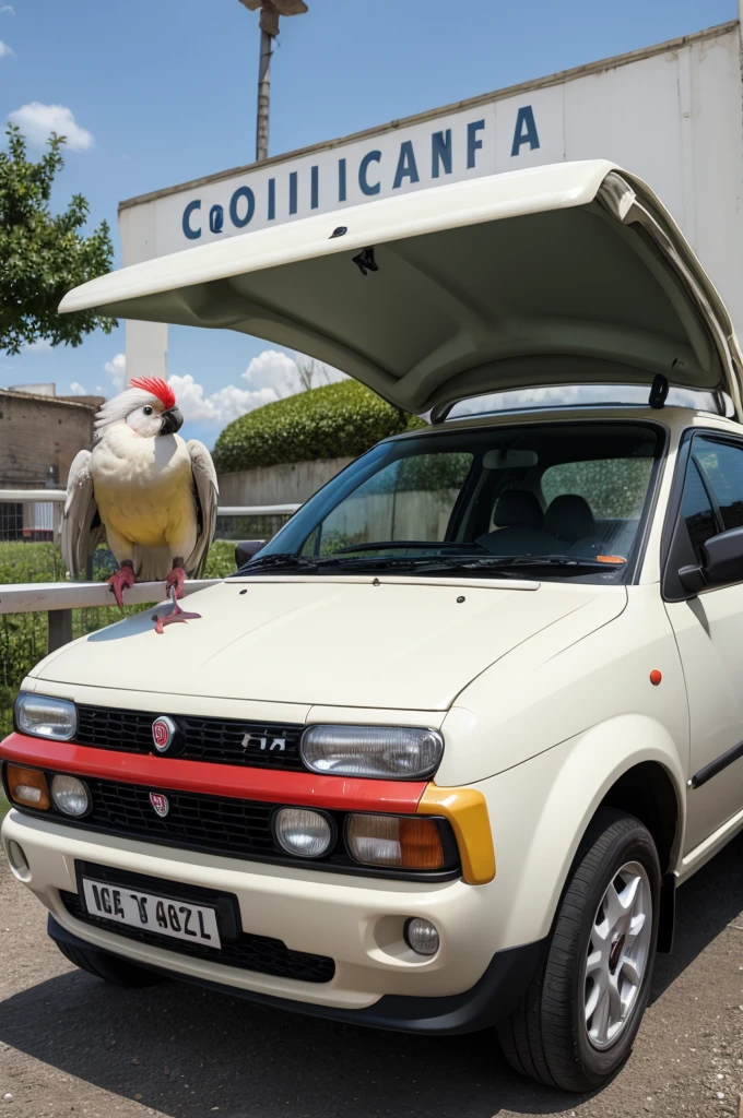 A cockatiel with a Fiat uno
