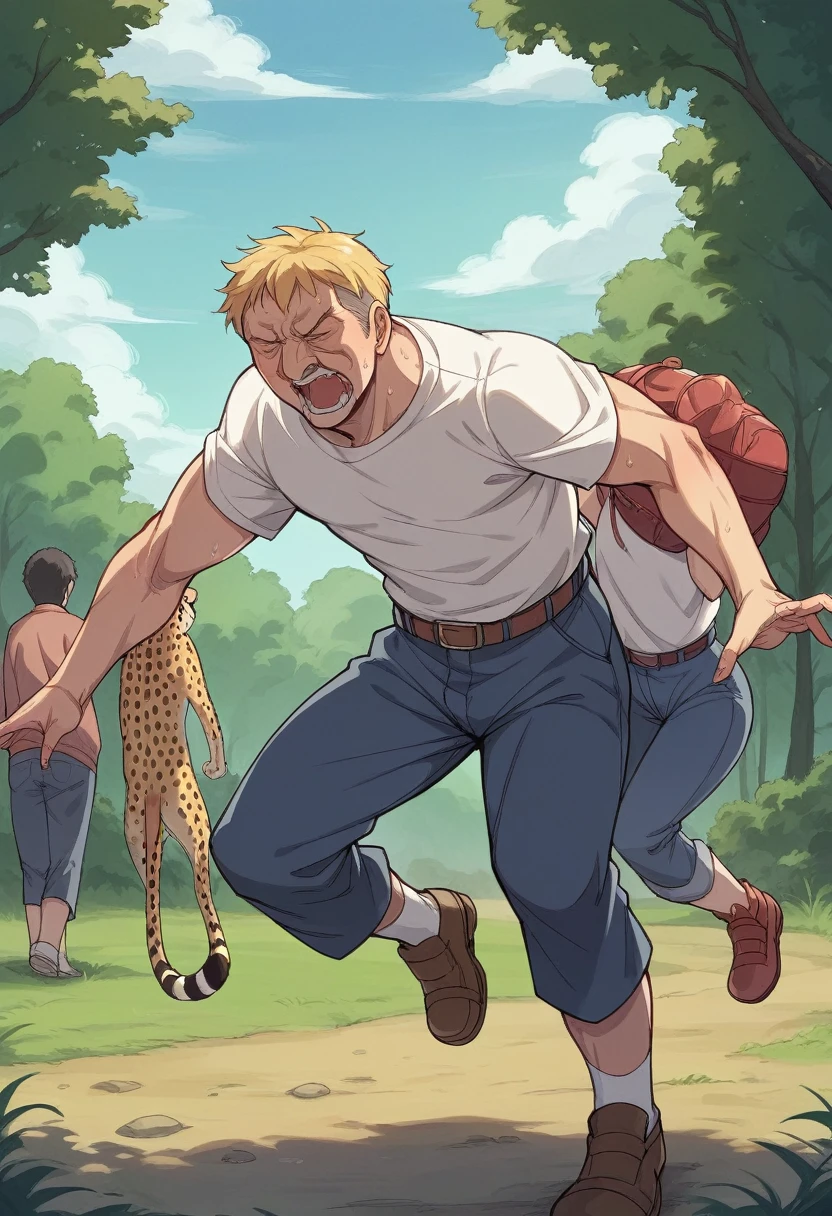 Highest quality、detailed、8K、1 elderly person、Cheetah、Run at super speed through the savanna、The speed is 300 km/h、老人とCheetah、Motion Blur
