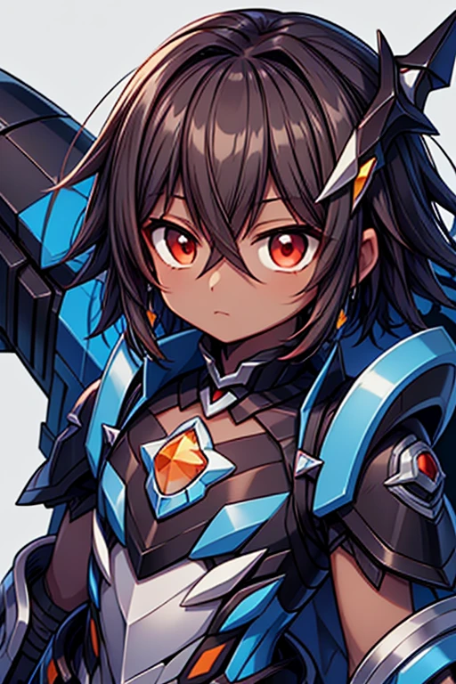 (((dark skin tone))),dark skin male, femboy, dark skin, cute shota,red eyes, blue mecha hairpin, dark brown hair medium hair,wearing a black exoskeleton, blue gauntlet's, honkai impact herrscher of reason, full armour mecha_musame, orange gem on chest, close up