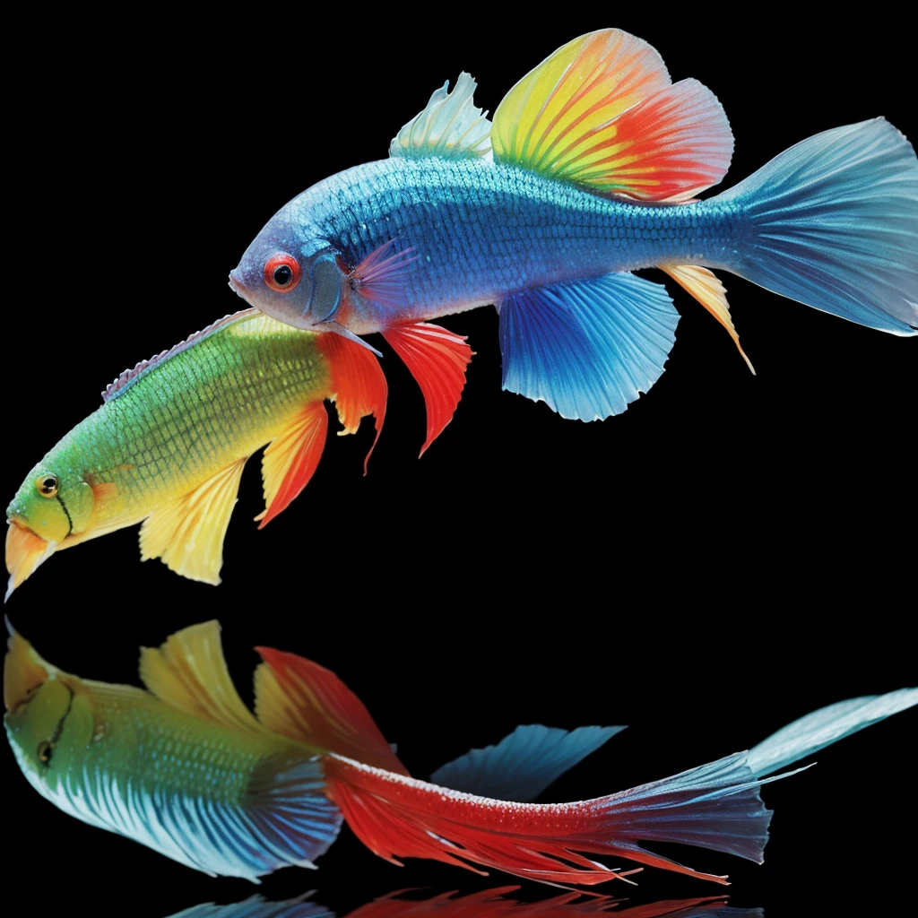 Rainbow colored betta fish with a charming tail facing the camera on a black background, HD image