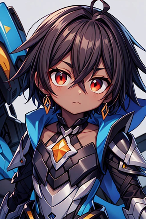 (((dark skin tone))),dark skin male, femboy, dark skin, cute shota,red eyes, blue mecha hairpin, dark brown hair medium hair,wearing a black exoskeleton, blue gauntlet's, honkai impact herrscher of reason, full armour mecha_musame, orange gem on chest, close up