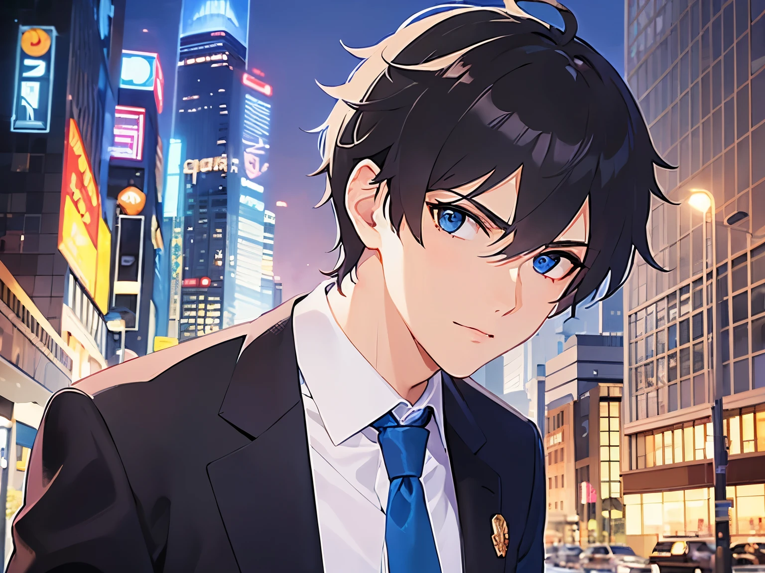 Detailed CG,Ultra-fine illustrations,masterpiece,Highest quality,Shiny skin,BREAK(26-year-old male:1.5)BREAK,(Black Short Hair)and(blue eyes),(suit:1.5)and(white collared shirt)and(Blue tie),(serious:1.3),The background is a night city,side angle,looking at viewer,alone
