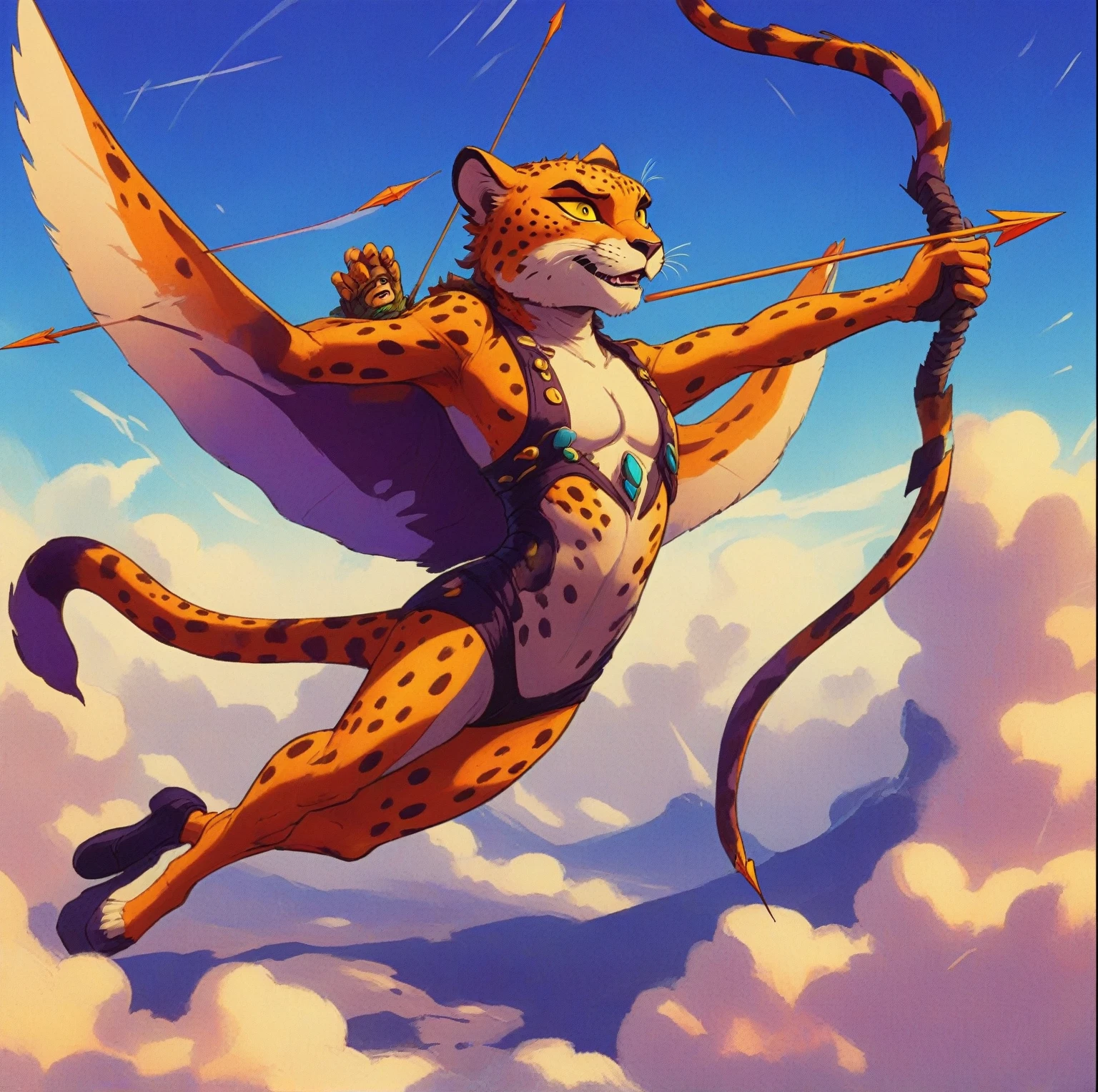 Cheetah wearing wingsuit (hunter, the cheetah from Spyro videogame) VHS, glitch, distorted, nostalgia, 90's retro vibes, analog tape, vcr aesthetics, tv, television, 1990's cartoon homage), comic 1990's, animated tv show screengrab, Cheetah dancing stanky boogie, soaring in the clouds, firing arrow from bow, cinematic poster, image within image, multiple exposure, massive scale, rich color grading for shading depth, hand drawn rotoscope cartoon realism, chiaroscuro lighting, mixed media, vintage comic, retro original design, 1990's comic, sense of movement energy, Hunter from the Spyro series is a tall anthropomorphic cheetah. He has a bright orange color with brown spots all over his coat. His underbelly and goatee are bright yellow, and his paws are a lighter orange. He has somewhat prominent brown eyebrows and bright blue eyes.