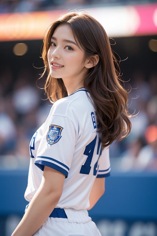 highest quality、4K、Perfect Face、Perfect Style、perfect body、Sunburn、beautiful lady、mature、long layer brown hair、Swept-back hair、full body, sexy 、charming、healthy、of the highest quality、8K、realistic photo, highest quality、4K、Perfect Face、Perfect Style、perfect body、Sunburn、beautiful lady、mature、long curly layer brown hair、Swept-back hair、sexy 、charming、healthy、smile、
(top-quality,8K picture quality,masterpiece:1.3,),(超A high resolution:1.3,Photorealsitic:1.4,Raw photography:1.2),(ultra-detailliert:1.2,shinny skin,Detailed skin:1.1),(Detailed face,Perfect Anatomy,Caustics:1.2),(Girls cheering at the stadium:1.2),(Stand seats:1.1),(Sideways face:1.2),(Shot from the side:1.2),(Facing over there:1.2),composition from the waist up,Pretty eyes,natural make up,huge smile,large boob,Oversized Baseball Uniform Shirt,White skirt,Professional Lighting,natural soft light,