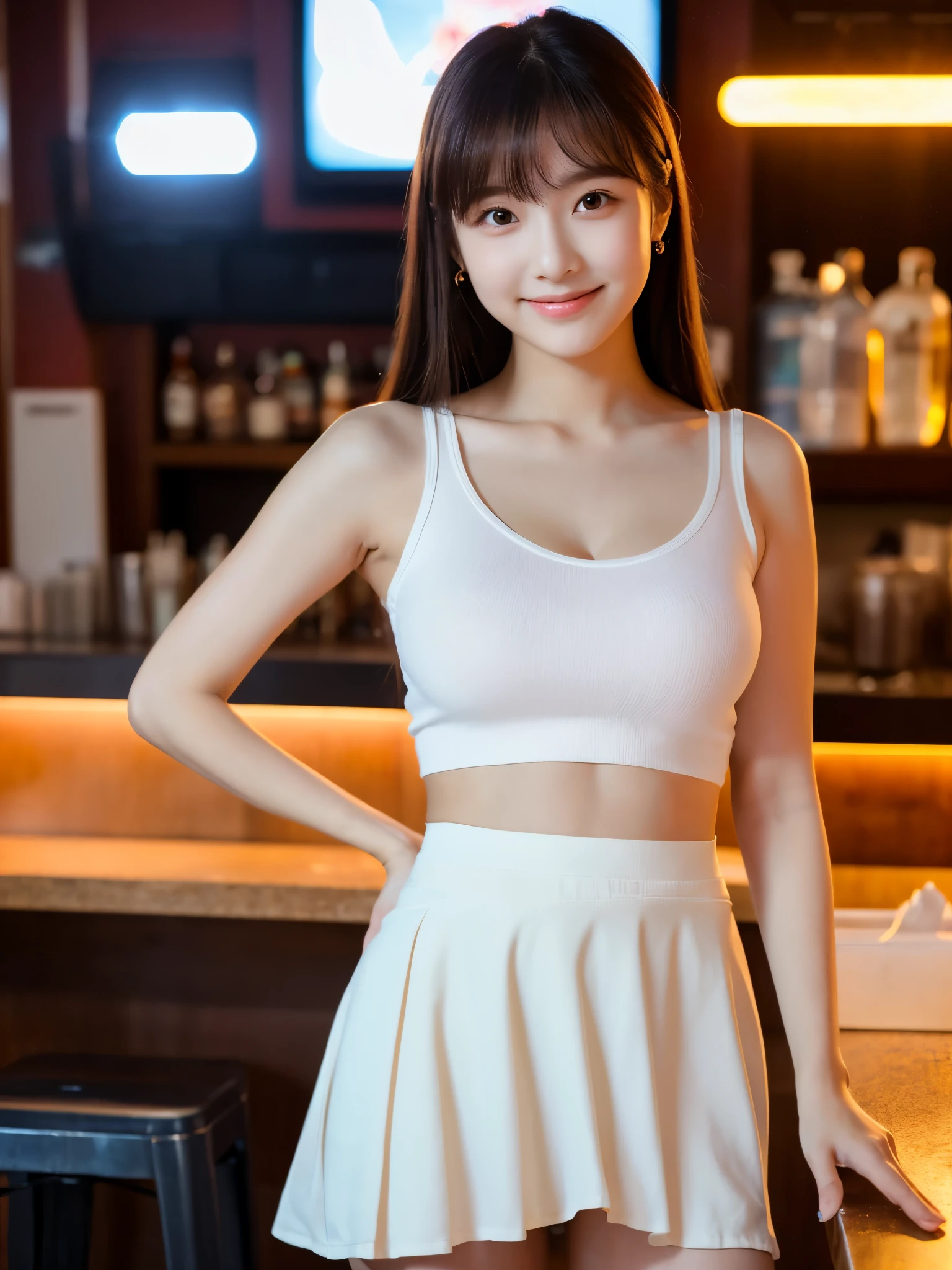 A very cute face like an idol、Looks like a young face、20-year-old female、Gentle and cute、A kind smile、((In a blouse))、((Colored ))、(((White )))、(((Roll up the skirt yourself)))、(((Lift your skirt yourself)))、(((Lifting her skirt to show her )))、(((whole bodyの姿)))、Cleavage、A crowded bar、Cinema lighting、Natural light、whole body、Artistic、RAW Photos、Genuine、High quality that is indistinguishable from real life、realism、Real Stick、High resolution、masterpiece