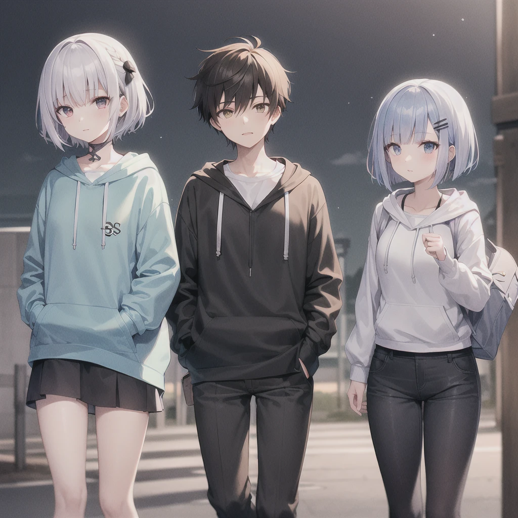 Highest quality,masterpiece,（A cool-looking boy with short black hair and wearing a hoodie）、(A girl with bright silver short bob hair,hairpin)（School,On the way home from school,evening,）
