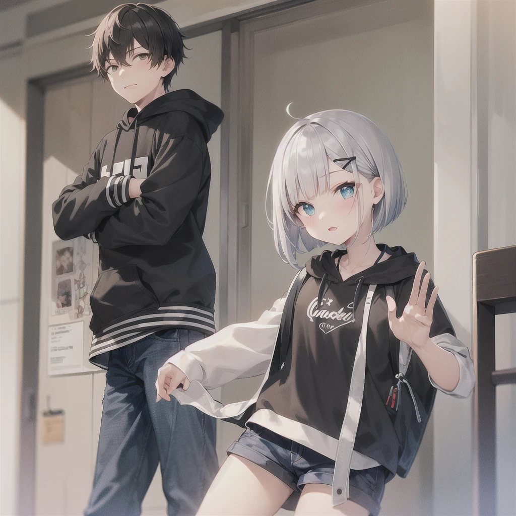 Highest quality,masterpiece,(A cool-looking boy with short black hair and wearing a hoodie)、(A girl with bright silver short bob hair,hairpin)(School,On the way home from school,evening,)