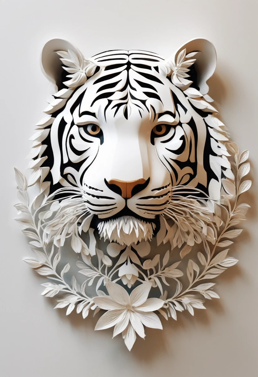 Paint a picture of the perfect balance between Art and nature, Incorporate elements such as flowers, Leaves, animal, The tiger smiled, and other natural patterns,Create unique and intricate designs, symmetry, perfect_symmetry, Leonardo style, Their style, Wire_Art, 3D Style, White background,