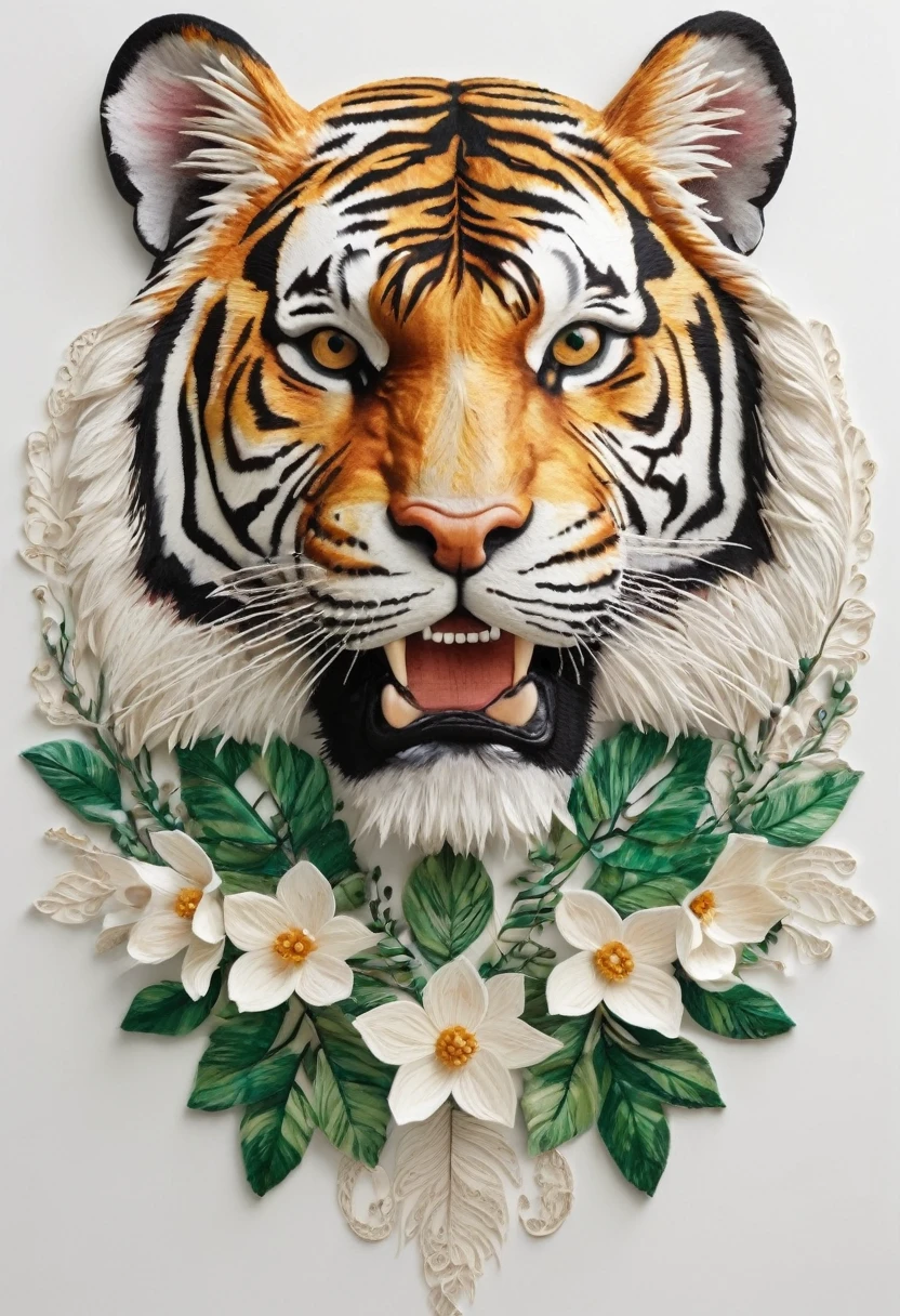 Paint a picture of the perfect balance between Art and nature, Incorporate elements such as flowers, Leaves, animal, The tiger smiled, and other natural patterns,Create unique and intricate designs, symmetry, perfect_symmetry, Leonardo style, Their style, Wire_Art, 3D Style, White background,