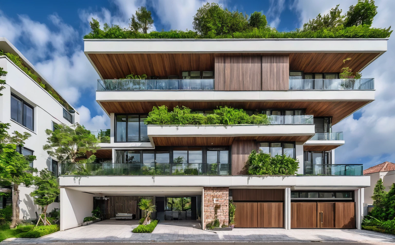 RAW photograph taken with the Nikon D7500 + AF-S DX NIKKOR camera, 18mm lens, ultra-wide, overhead angle, 8K, top quality, HDR, extremely high realism, extreme realism, arafed maison moderne with a large balcony and a brick driveway, maison contemporaine, large modern residence, chef d'well designed work, vue de face, maison moderne, exterior wide angle 2023,HDRI AISD, architecture contemporaine, archaic, un plan lointain de face, maison conceptuelle, Neoclassical, Neoclassical, conception architecturale globale, maison urbaine, award-winning modern design