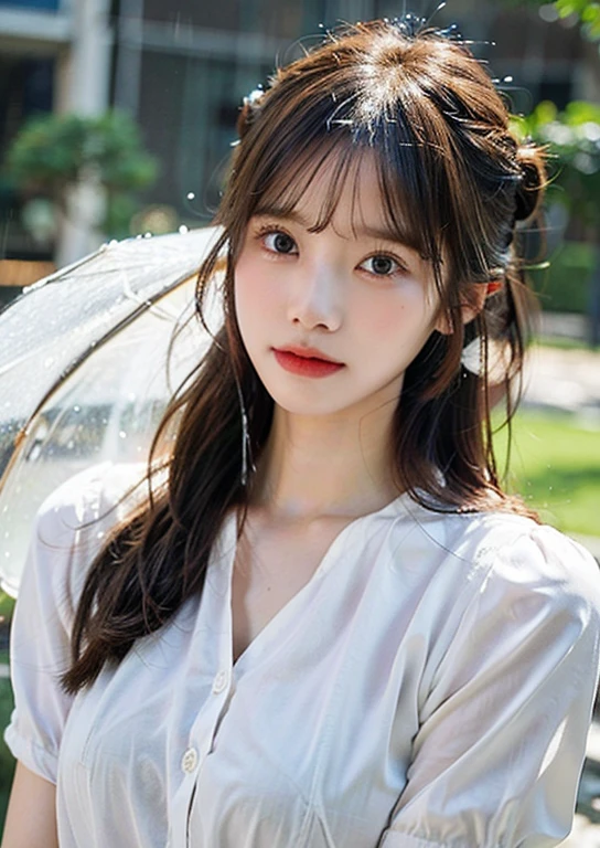 (((Upper body shot，Close-up photo)))、(((long hair，Bun hairstyle)))、(((Rainy Day，get wet)))、(((White summer chiffon shirt)))、18 years old、angry、girl、Plump breasts、The protruding point on the chest reveals the breasts、Light eye makeup、Ultra-realistic faces、High resolution 16K、Skin texture must be natural、Use natural light and color、 High-quality photos taken by model agencies.