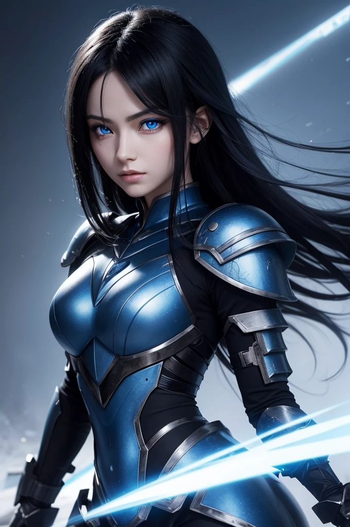Elfa dragonoide, with hair as black as night, blue eyes like the sky, skin clear as snow, in battle suits hd