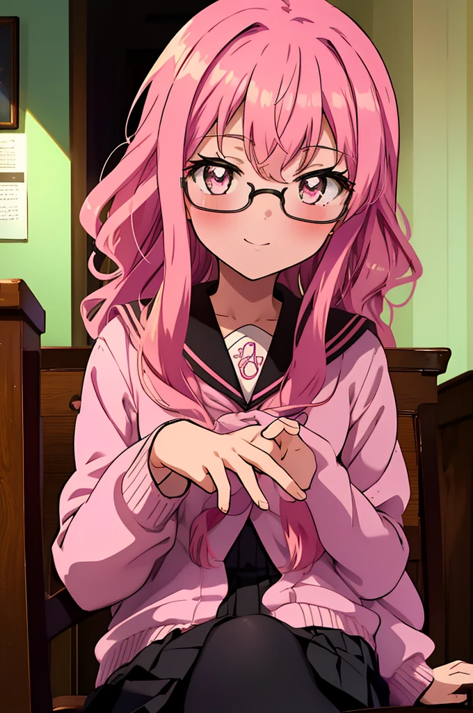 {{masterpiece}},{{Highest quality}},{{High resolution}},{{Caustics}},{{Familiar}},blush,
smile,Louise Françoise Le Brun de La Valliere,Akabuchi Glasses Pink Hair,Pink Eyes, Black Sailor Suit,Pink Cardigan,Black pleated skirt,White Stockings,Brown Loafers,classroom,Sit on a chair,break (masterpiece:1.2), Highest quality, High resolution, unity 8k wallpaper, (shape:0.8), (Fine and beautiful eyes:1.6), Highly detailed face, Perfect lighting, Highly detailed CG, (Perfect hands, Perfect Anatomy),