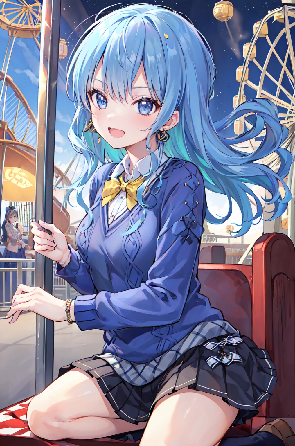 1 Girl, alone, pretty girl, Highest quality, Super detailed, 8K, High resolution, Detailed face, (Movie angle),  smile, enjoy, ;D, ((Blue sweater, argyle sweater, Short sleeve))), Grey Skirt, Pleated skirt, Black socks, Brown footwear, (((Inside the amusement park, Ferris wheel, roller coaster))),