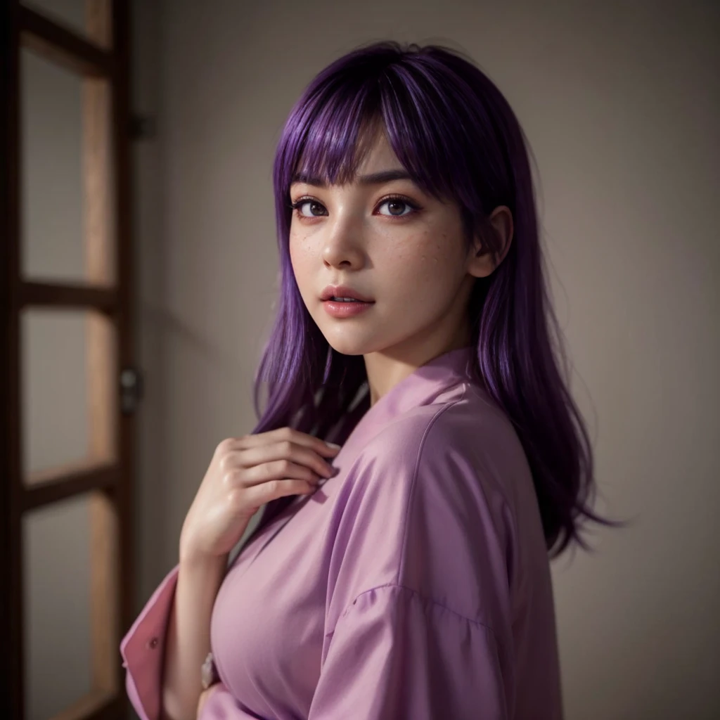 Ayane, purple hair, (best quality, ultra-detailed), (realistic:1.37), beautiful and detailed face, ultra-realistic texture, delicate face, delicate body, red lipstick, bright colors. high definition, 8K, well defined legs