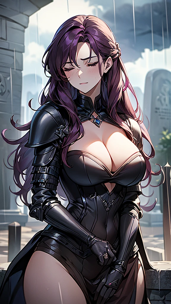 1 Private Wife,alone,long hair,Large Breasts,cleavage,Brown eyes,Sexy,purple hair,Mature female,widow,(masterpiece: 1.0,(the best_quality: 1.0),silence,Black Armor,rain,cloudy day,tombstone,Close eyes,Fantasy World,Board hairstyle