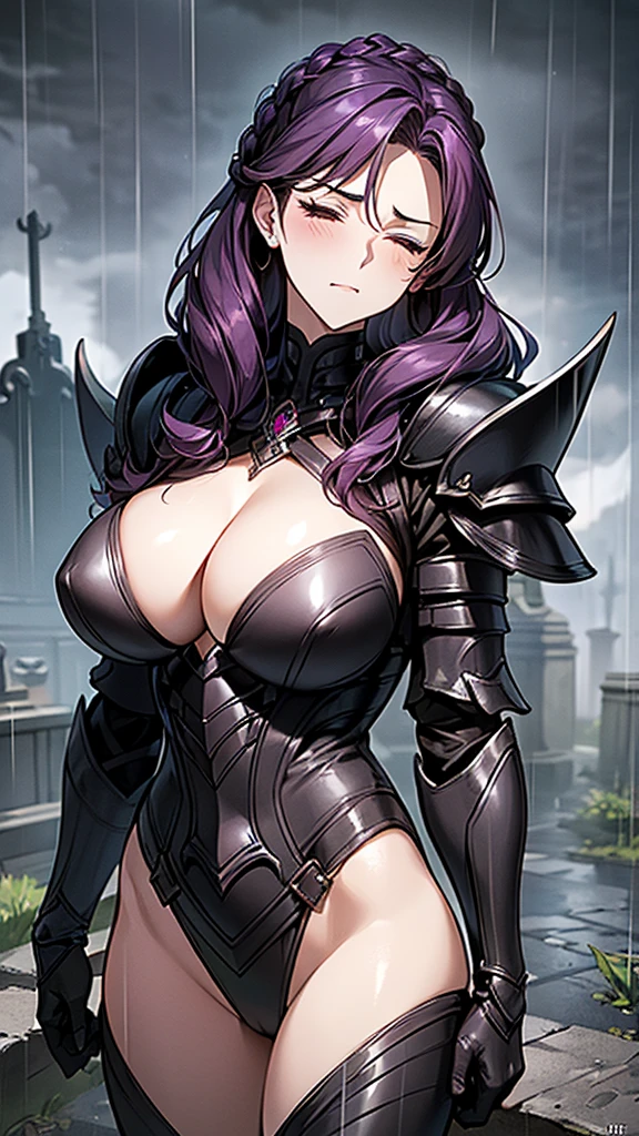 1 Private Wife，alone，long hair，Large Breasts，cleavage，Brown eyes，Sexy，purple hair，Mature female，widow，(masterpiece: 1.0，(the best_quality: 1.0)，silence，Black Armor，rain，cloudy day，tombstone，Close eyes，Fantasy World，Board hairstyle