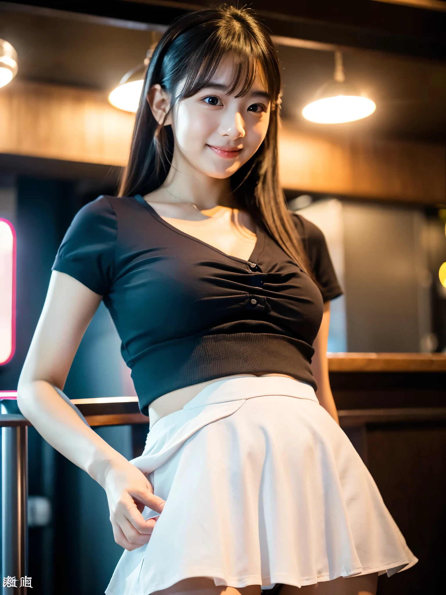 A very cute face like an idol、Looks like a young face、20-year-old female、Gentle and cute、A kind smile、((In a blouse))、((Colored mini skirts))、(((White panties)))、(((Roll up the skirt yourself)))、(((Lift your skirt yourself)))、(((Lifting her skirt to show her panties)))、(((whole bodyの姿)))、Cleavage、A crowded bar、Cinema lighting、Natural light、whole body、Artistic、RAW Photos、Genuine、High quality that is indistinguishable from real life、realism、Real Stick、High resolution、masterpiece