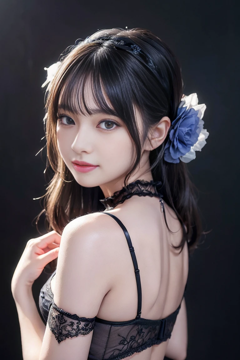 Highest quality, Super detailed, High resolution, 8K images), Very sophisticated and beautiful， ， High resolution， Round eyes， Detailed  features，black  、Black openwork 、Sheer embroidered tulle  set （Round pupils：1.5） （Awareness-raising）， （Beautiful and delicate eyes）， （Very very very detailed face））， Depth of written boundary， （Attractive face）， （Wicked Smile：1.3）Flower head ornament,、Exquisitely drawn beautiful faces, eyes and skin、Detailed, black, shiny hair、(Elegant frills)、Frilled tie、Ribbon tie、、((Greyish blue bob hair，head bands，head band)) 、（Purple 、Purple openwork 、Sheer embroidered tulle  set）Lace pantyhose、Lace gloves、Wedding Scarf、Pearl Necklace,、Soft fabric、beautiful rose pattern dress((Show me your)), ((Stick your  out)),(Squat with ), Fine and beautiful eyes,Perfect Proportions,(Overflowing big),(A full-body shot ), Very beautiful and cute girl,22 years old,(anime),Kamimei, Pitch black background,(Solid black background),alone,Wavy long hair
