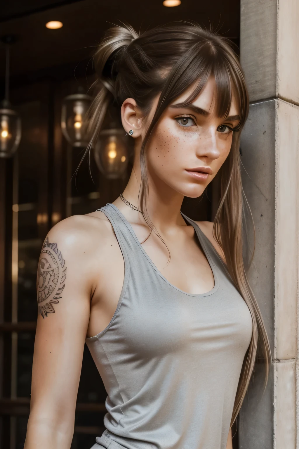 A gorgeous 23-year-old French and Polish woman with freckles, Bohemian wavy long hair with bangs, and crystal light grey eyes. She has high cheekbones, full lips, expressive eyebrows, and a dragon tattoo sleeve. She wears a tank top and leggings, slender with broad shoulders. Her hair is in a ponytail,determined expression