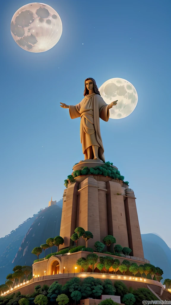 Create a cartoon-style image in the Disney style featuring the iconic Christ the Redeemer statue in Rio de Janeiro with a full moon perfectly aligned behind it, making the statue appear to hold the moon. The scene should be detailed with vibrant colors, a clear sky, and a sense of grandeur. The moon should be large, luminous, and have a soft, warm glow, highlighting the majestic presence of the Christ the Redeemer statue.
