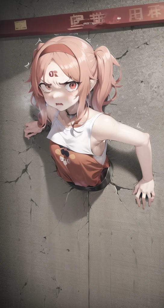 anime style, masterpiece, best quality, absurdres, 1girl, (angry, troubled eyebrow), looking at viewer, glory wall, through wall, stuck, wooden wall, haruno sakura, side bangs, forehead mark, red hairband, red sleeveless dress, sweat, messy hair