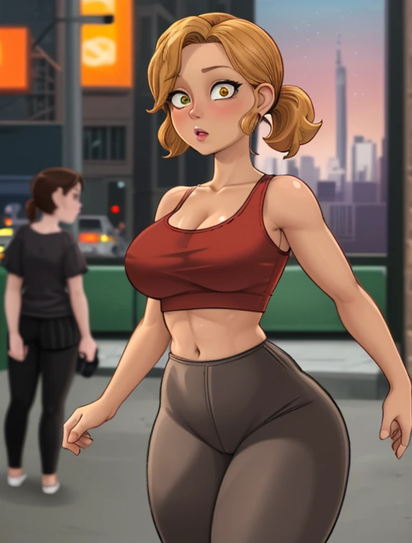 (best quality:1.3), (4K quality),masterpiece, best quality, high res, detailed, (Detailed face:1.2), (Detailed eyes:1.2), (Hourglass figure:1.2), 1girl, solo, 36-years-old, tan olive skin, short blonde hair, pony tail style, emerald eyes, ((Wearing a red off-shoulder tank-top and black leggings)), standing outside on New York streets, couch, busy atmosphere, cinematic lighting, detailed background,