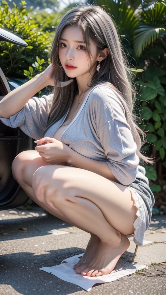 1girll），Squat on the ground to defecate，There is also feces and liquid on the ground，There are also liquids， can be seen，大腿上There are also liquids，，（-feeding）（）（），Conker，Moisturizes the skin，sweatyskin，Wavy white hair，Gray hair, gray hair，White hip-wrapped skirt。