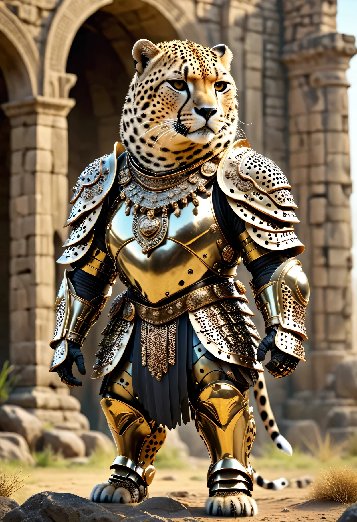 photorealistic portrait of Dressed animals - a ((fat)) Cheetah warrior,(brave pose), high quality,(lovely) ,intricate details, highly detailed ((cyber armor and helmet)) ,,highly detailed decorations, , (brave), soft lighting, stone ruins background,(full body image:1.5),(viewed from side:2.0)