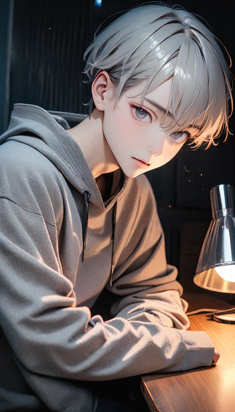 (8K, RAW photos, best quality, masterpiece: 1.4), (((男孩在table上写字)))，Ultra-high resolution, Extremely detailed, light, Desk lamp close-up, handsome boy, black eyes, (delicate eyes, Eyes are bright:1.2), Gray short hair, Fair skin,dark, Grey sweatshirt, sweatshirt with hood,(perfect anatomy:1.2), High-quality shadows, Natural Lighting, (White highlights:1.2), night, cloudy day, (at home:1.2), (table:1.2)