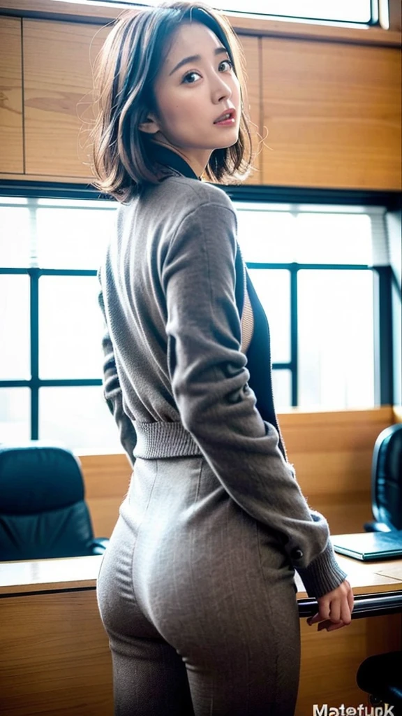 (best quality, 8K, 32k, masterpiece, Ultra HD:1.2), 1 Girl, Beautiful Japanese woman, Willow Waist, grey Set, Cardigan jacket, Office female staff, Set, Pants, From the back, Office, table, (Stick out your butt:1.2), Delicate face, short hair, Looking at the audience
