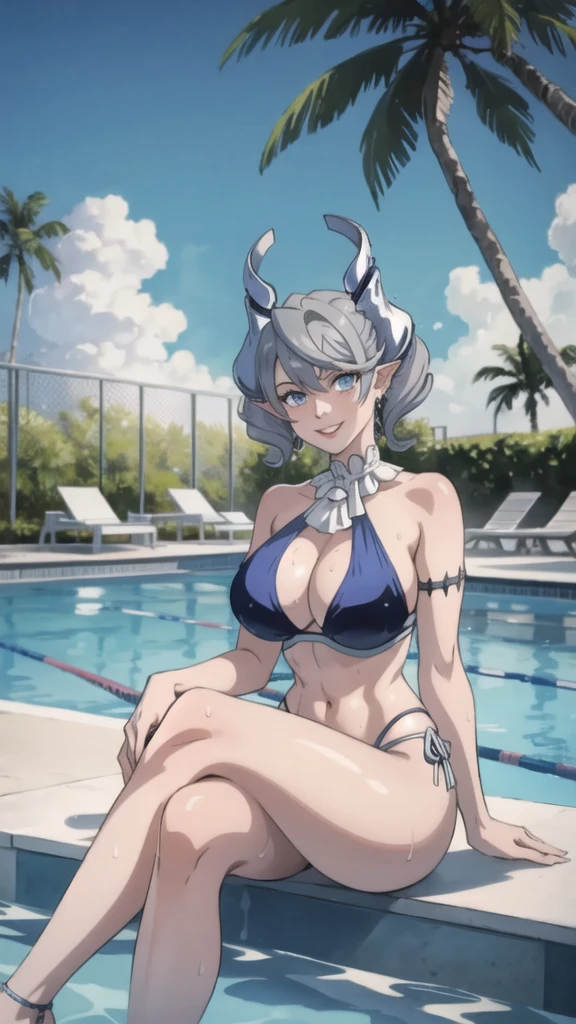 　High level image quality　best image quality　8K　 adult woman    pool party  rain　palm trees  more colors   whole body view　portrait　 ??????   　horn    ears  　short hair（（shortcut）（gray hair）（perm）（fluffy））　eye color is blue ,  , 　attractive evil face , smile   ,  ???? pose   ,  labrynth ,  barearm    , wearing spandex  , sitting on person by the pool , crossed legs  , all wet , view foot arc