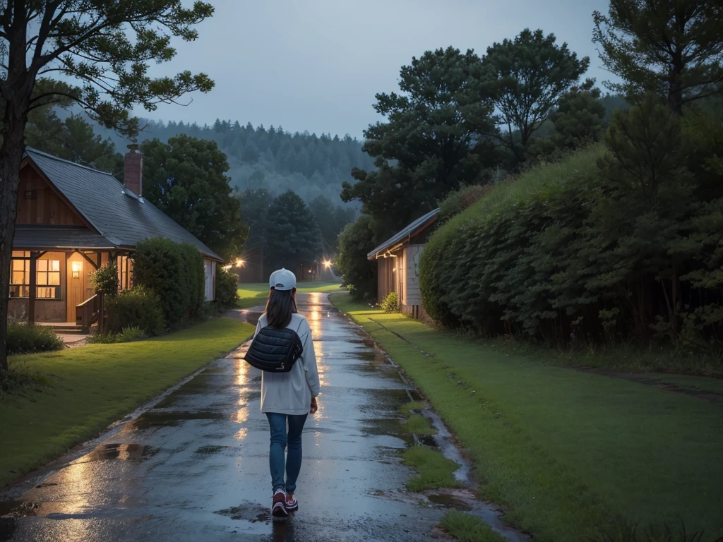 A girl，Put on a baseball cap，Rainy night，Walk on country roads，Surrounding houses，Back