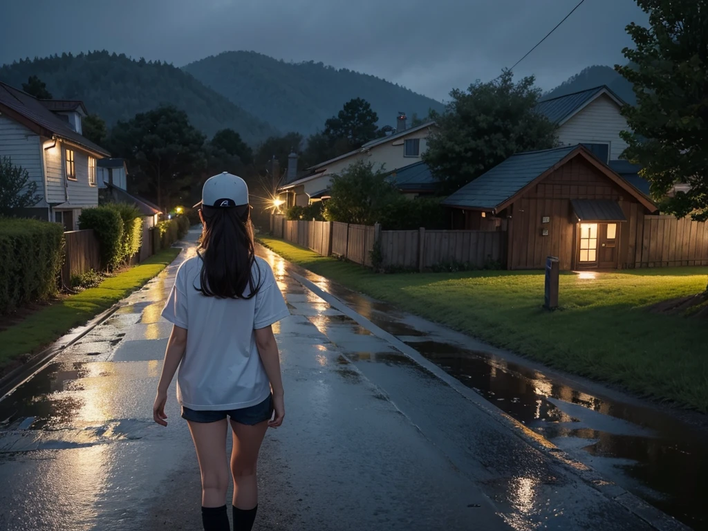 A girl,Put on a baseball cap,Rainy night,Walk on country roads,Surrounding houses,Back