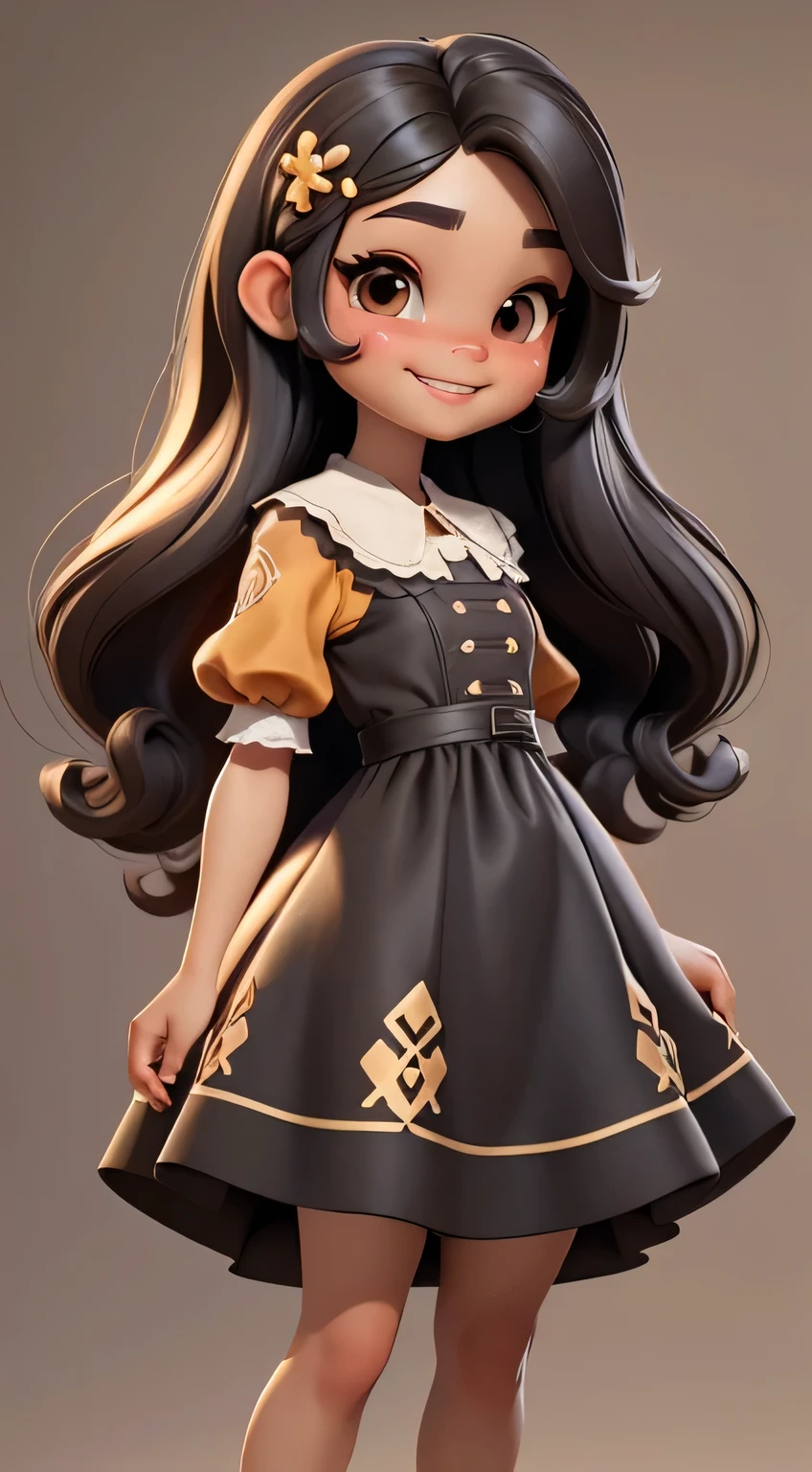 Create a 3D illustration of a light-skinned standing character. The character must wear a dress, brown colored eyes, cute expression, Grinning, long straight black hair