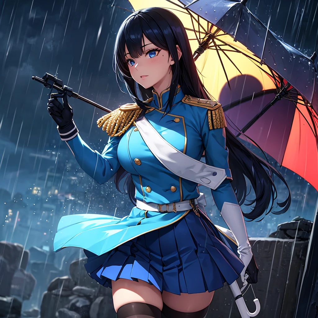 1 girl, solo, shizuka mogami(million live), black hair, long hair, hair intakes, sidelocks, blue eyes, cold look, (military uniform:1.1), uniform, military, blue uniform, (epaulettes:1.0), black gloves, gloves, skirt, blue skirt, thighhighs, black legwear, zettai ryouiki, shiny skin, holding, umbrella, transparent umbrella, standing, looking at viewer, cowboy shot, outdoors, (raining:1.2), night sky, night, (intricate:1.1), masterpiece, best quality, highest quality, highly detailed face, ray tracing, vibrant colors, depth of field, cinematic lighting, sharp focus, action shot, (Extremely Detailed 16K CG), 